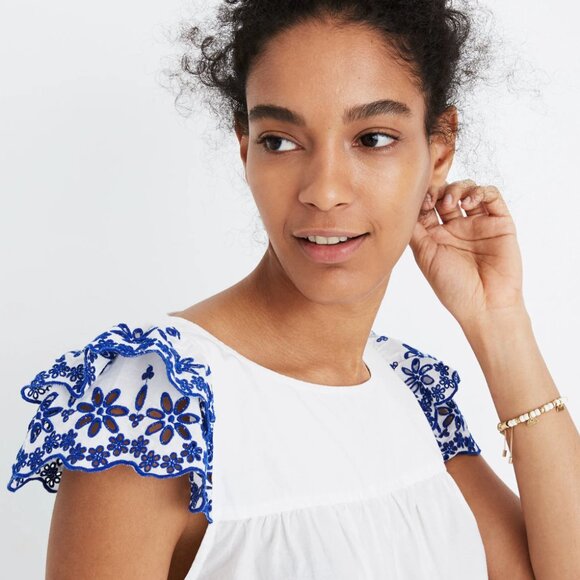 NWT MADEWELL sz 0 White Blue Embroidered Story Peasant Blouse Top retail $88 - Picture 10 of 14